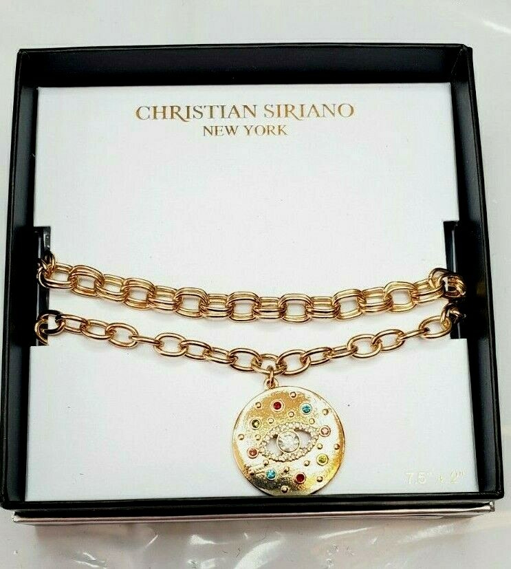 Christian Siriano New York Double Link Gold Bracelet W Rhinestone 7.5 Inches Eye