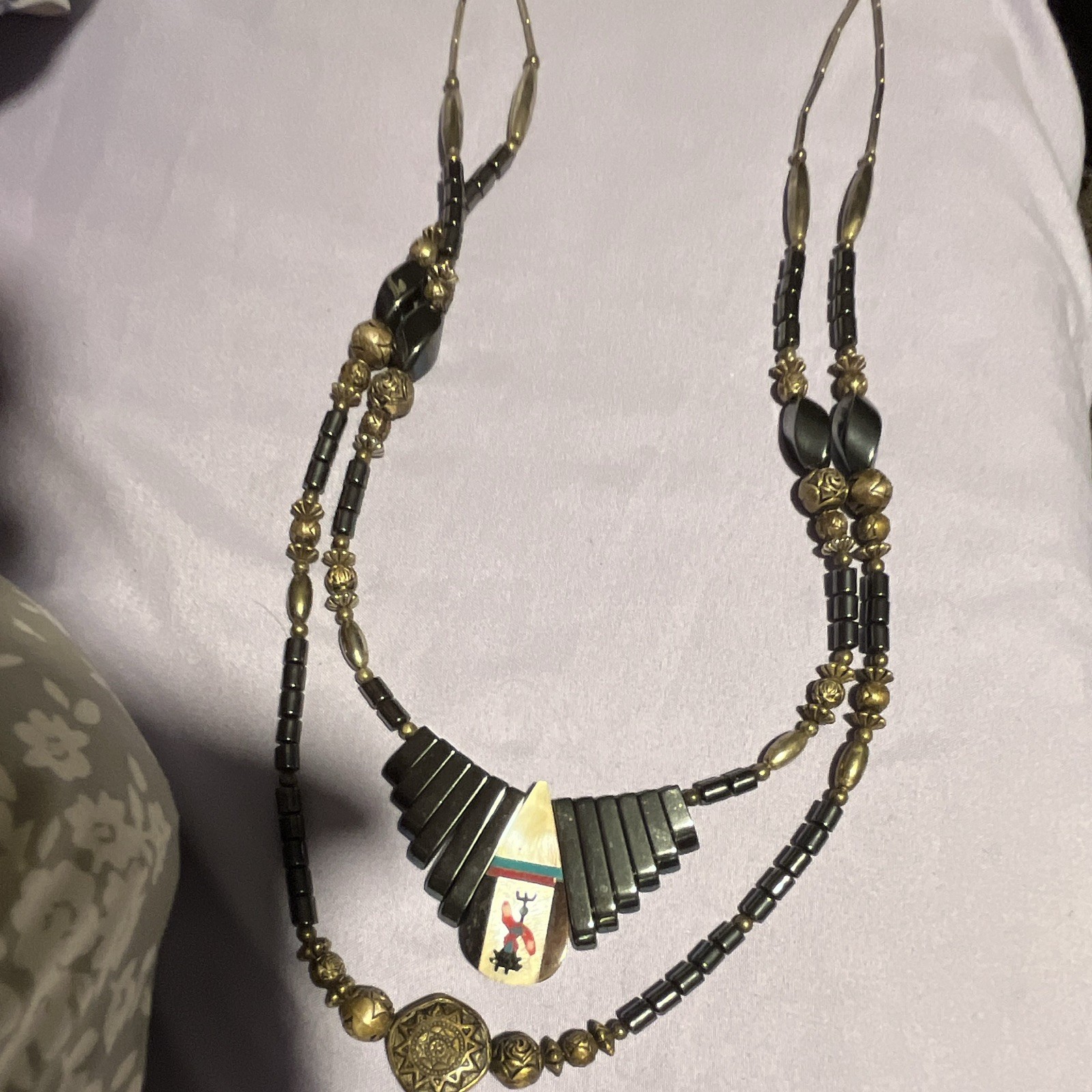 Vintage tribal Double-Strand Necklace Teardrop Charm Pendant Gold Tone Bead
