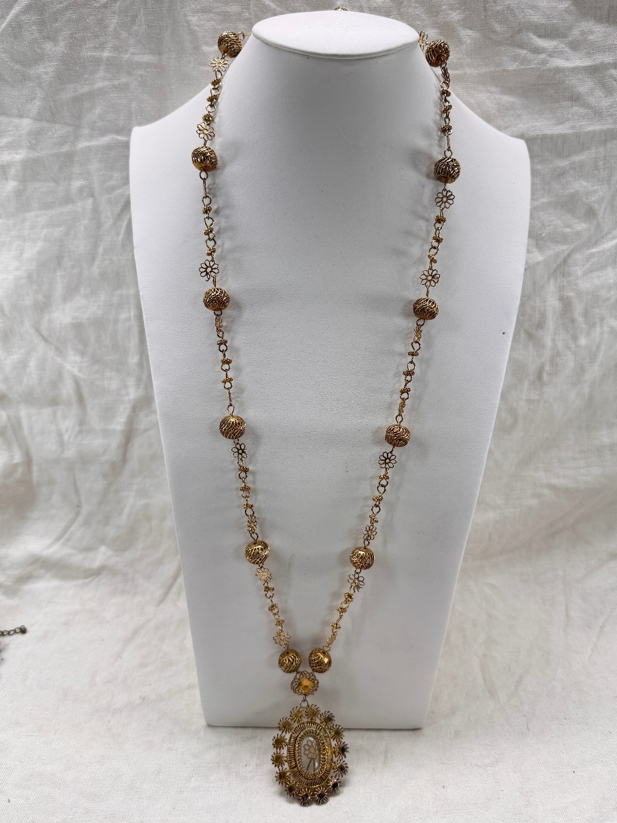 Philippines Tambourine Reliquary Gilt Copper Filigree Pendant Necklace Rosary