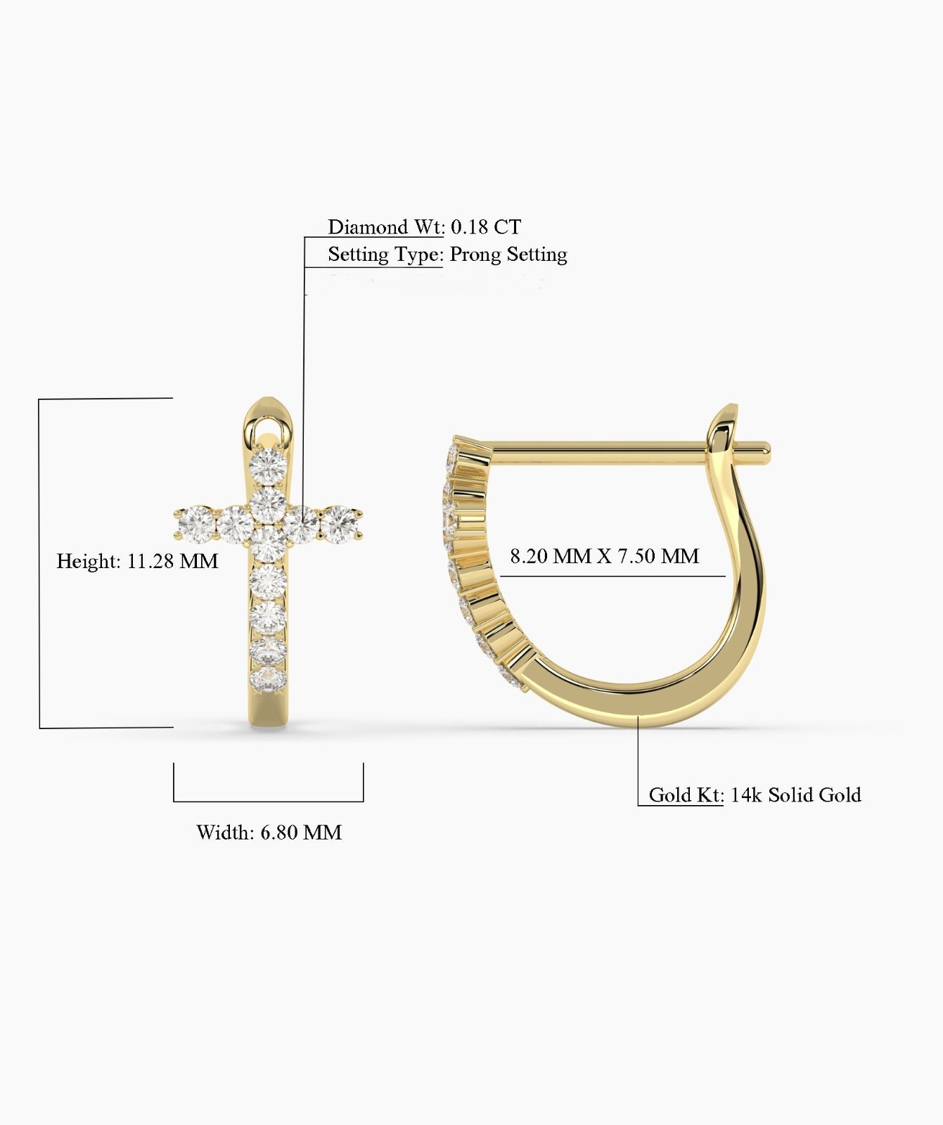 Round Cut Lab Grown Diamond 14K Solid Gold Cross Huggie Hoop Earrings For Woman