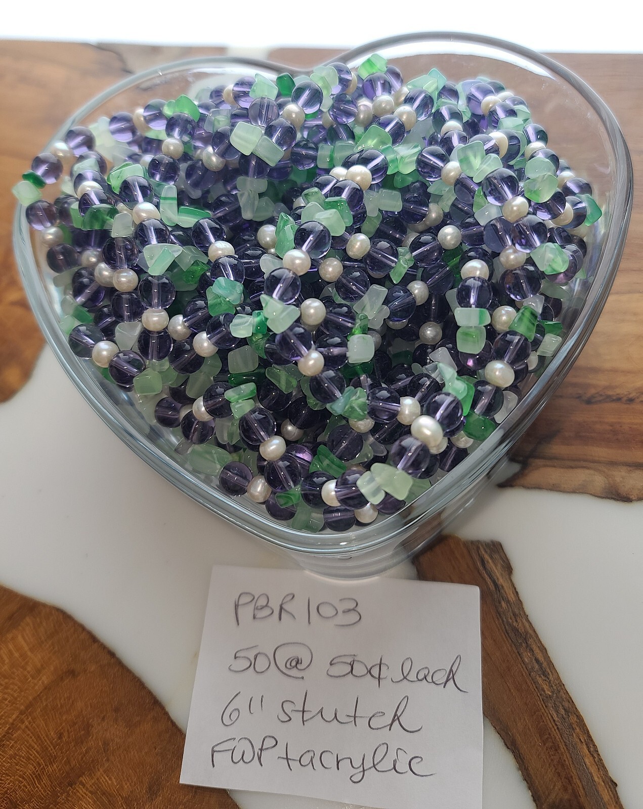 Reseller Lot of 50 FW Pearl + Purple/Green Beads 6″ Stretch Bracelets (3 of 4)