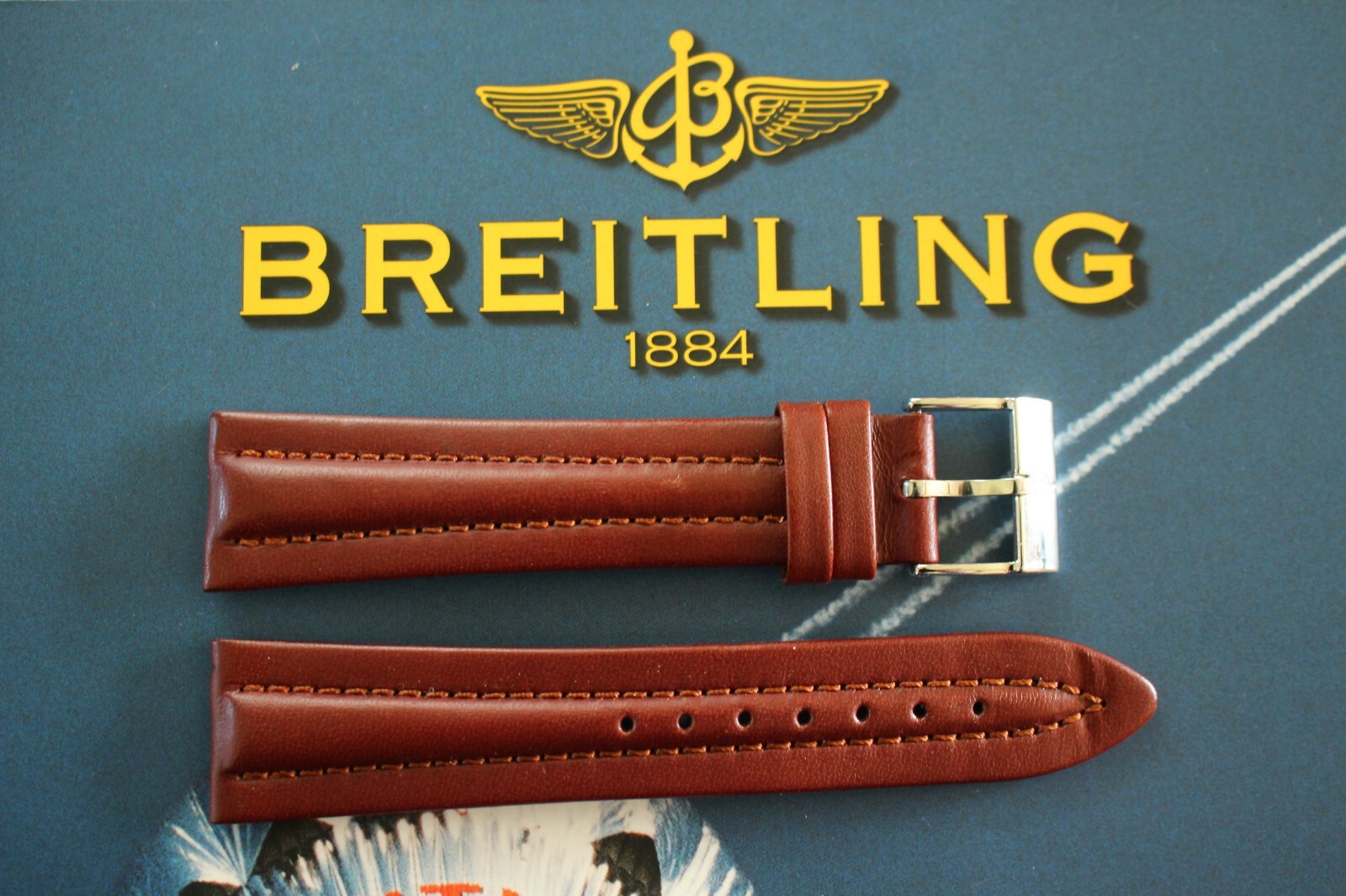NOS 22-18 BROWN WAX CALF TONGUE BUCKLE WATCH BAND WATCHBAND STRAP FOR BREITLING