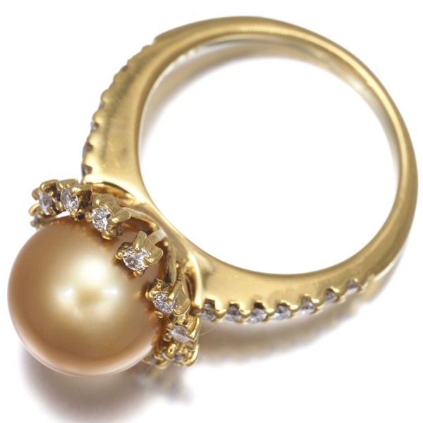 Golden South Sea Pearl 10.0-10.1mm Diamond 0.38ct Flower Ring 18K YG