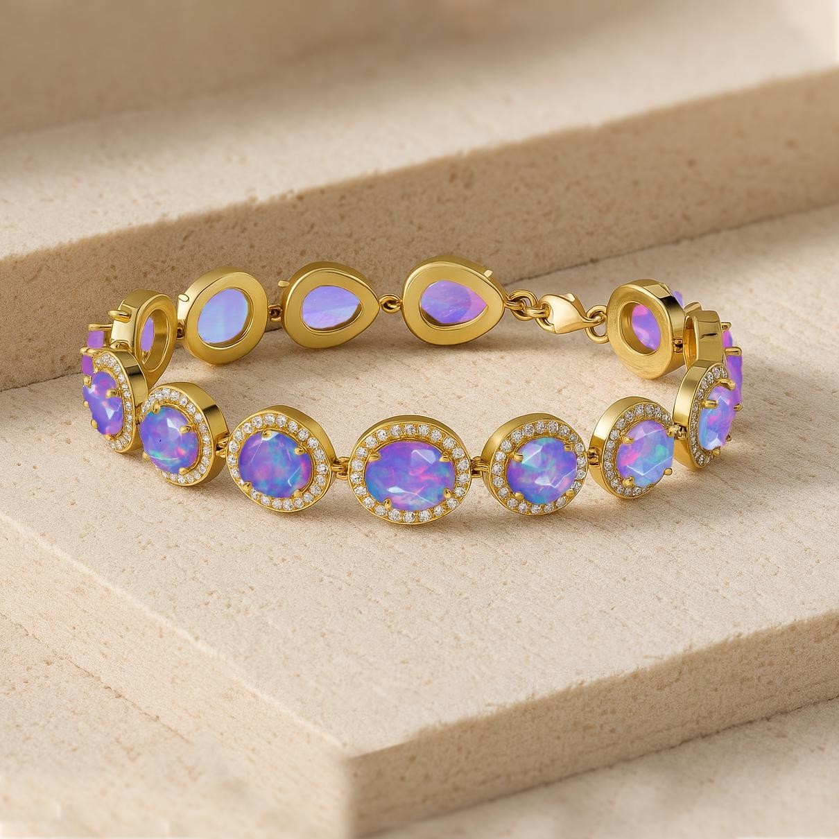 Lavender Fire Opal Faceted Unshape Stone Tennis Bracelet, AAA Opal Gemstone