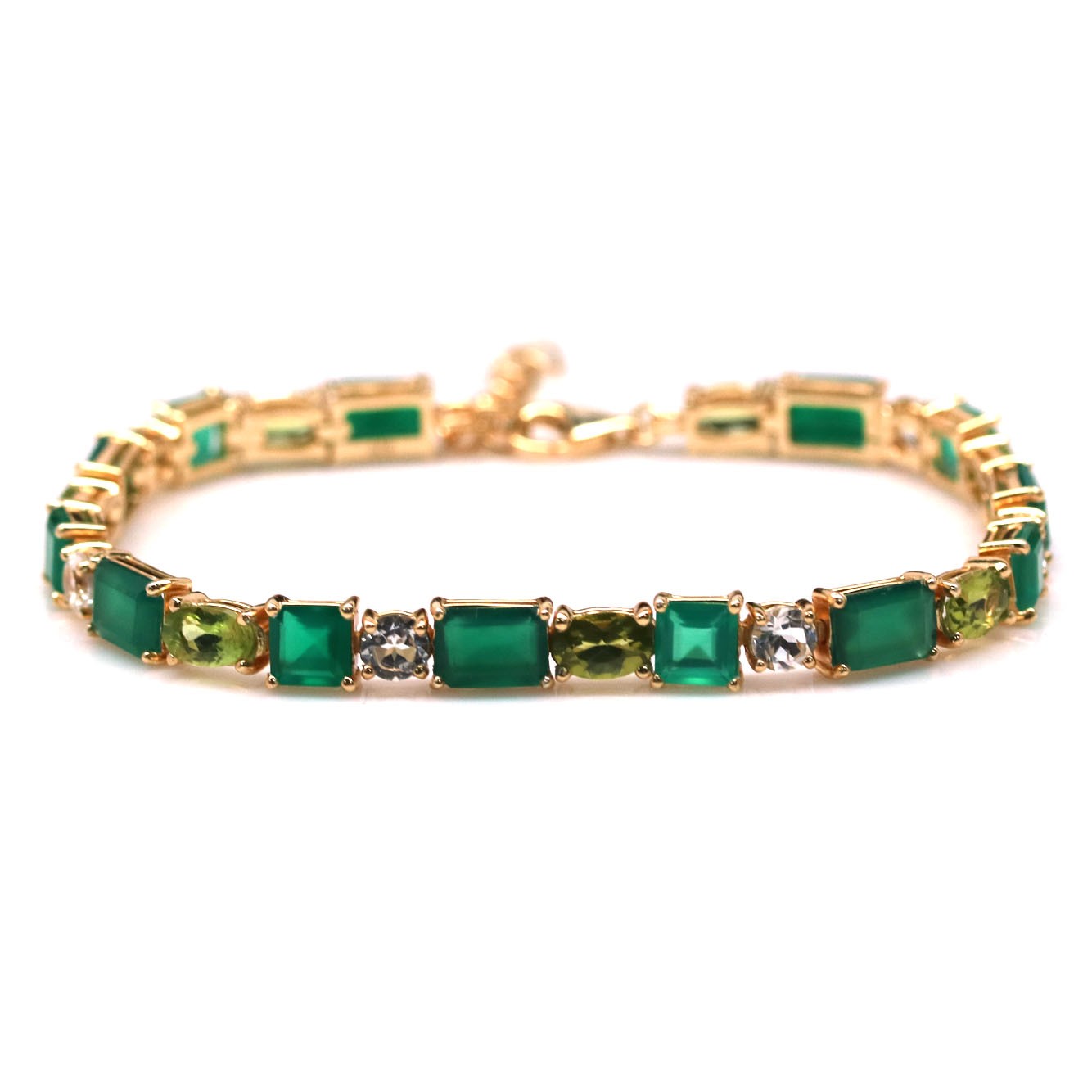 Green Agate Peridot Topaz Bracelet 9.0 In. 925 Sterling Silver Handmade