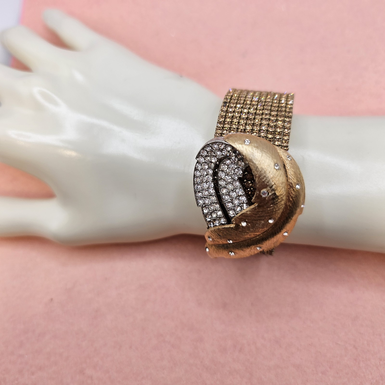 Mixed Media Amber Color Bracelet Brooch Embellished Goldtone One Of A Kind