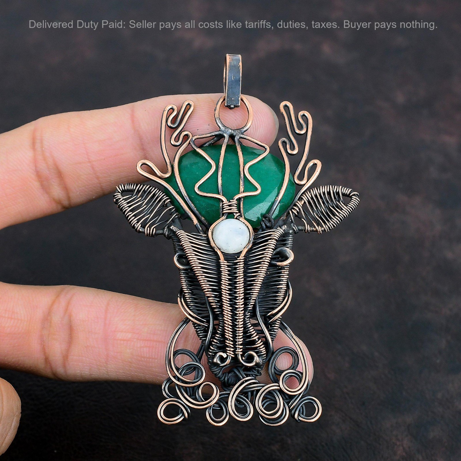 Zambian Emrald Gemstone Rainbow Moonstone Copper Wire Wrapped Deer Face Pendant