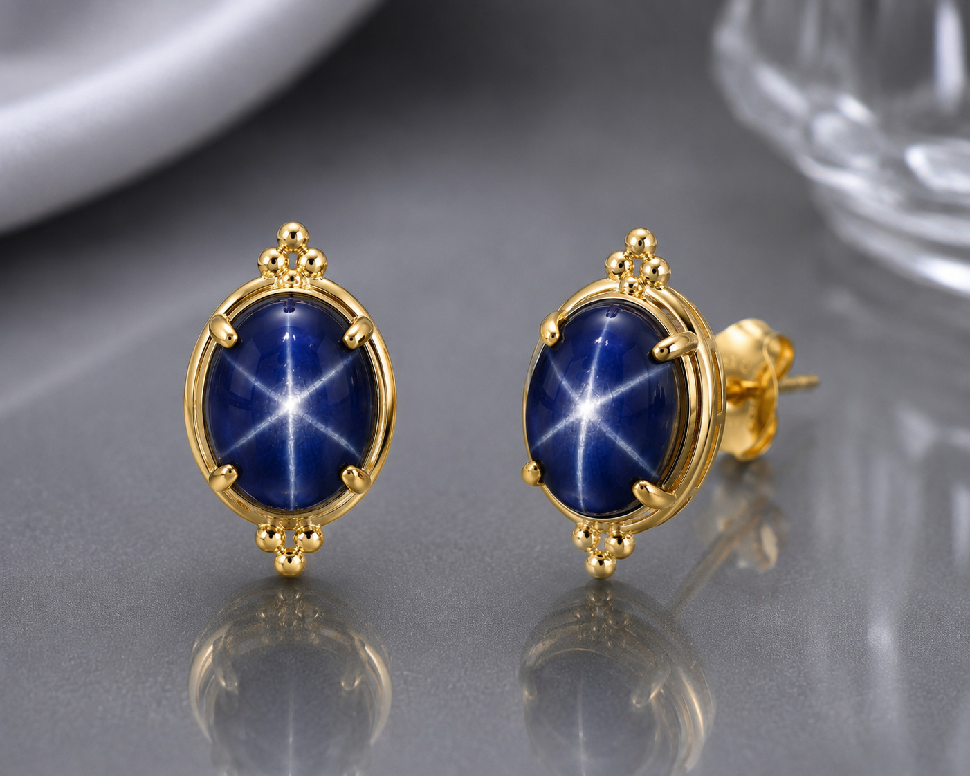 6 Ray Blue Star Sapphire Earring 925 Sterling Silver Stud Earring Oval Gemstone