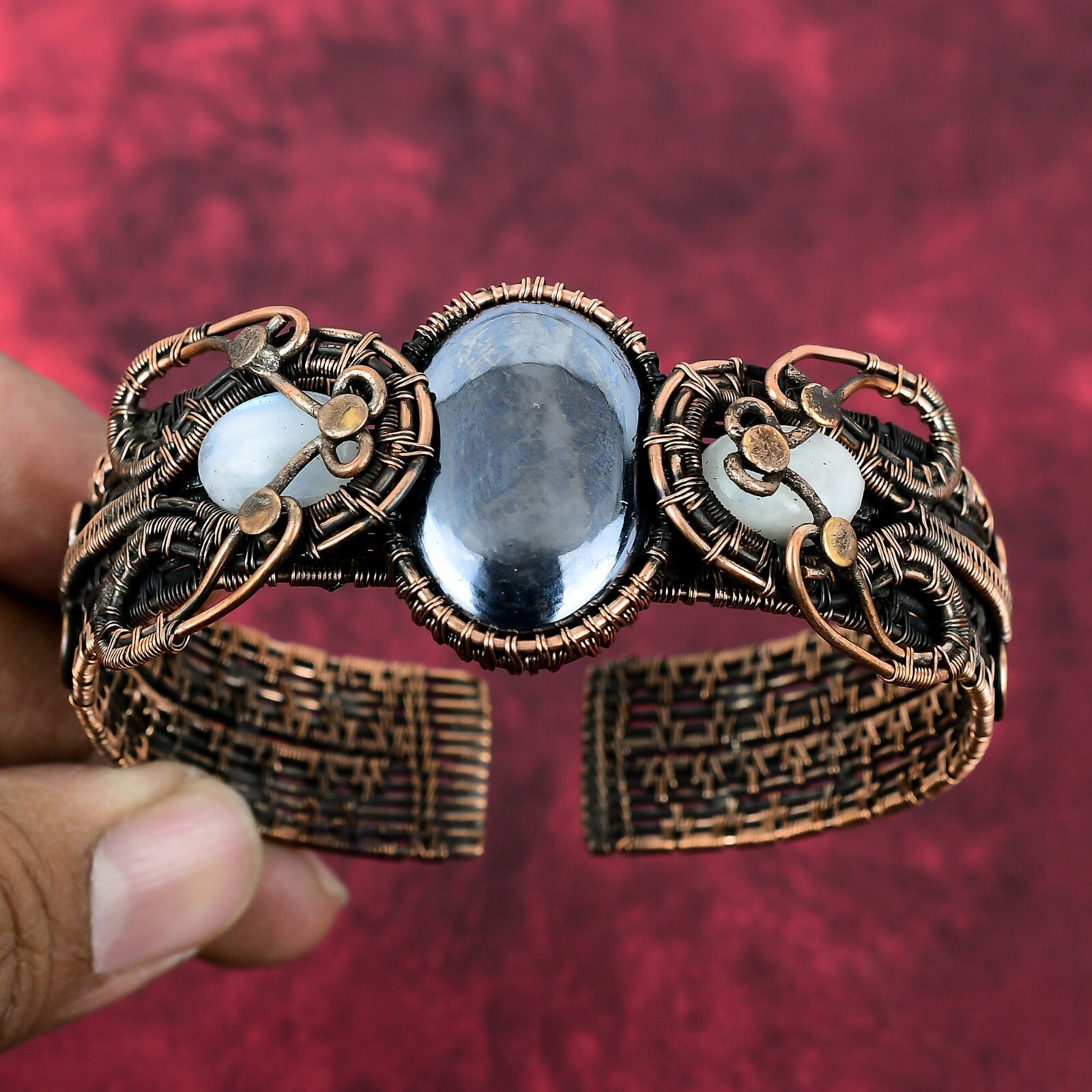 Shungite Cuff Bracelet Copper Wire Wrapped Rainbow Moonstone Adjustable Jewelry