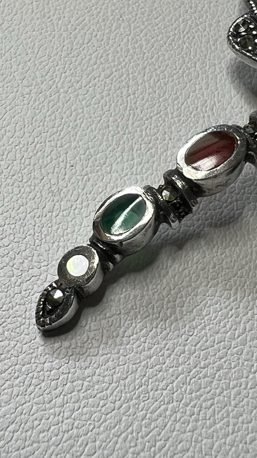 925 Silver Dragonfly Brooch Pin Enamel and Natural Stones Marcasite, 2.5 in