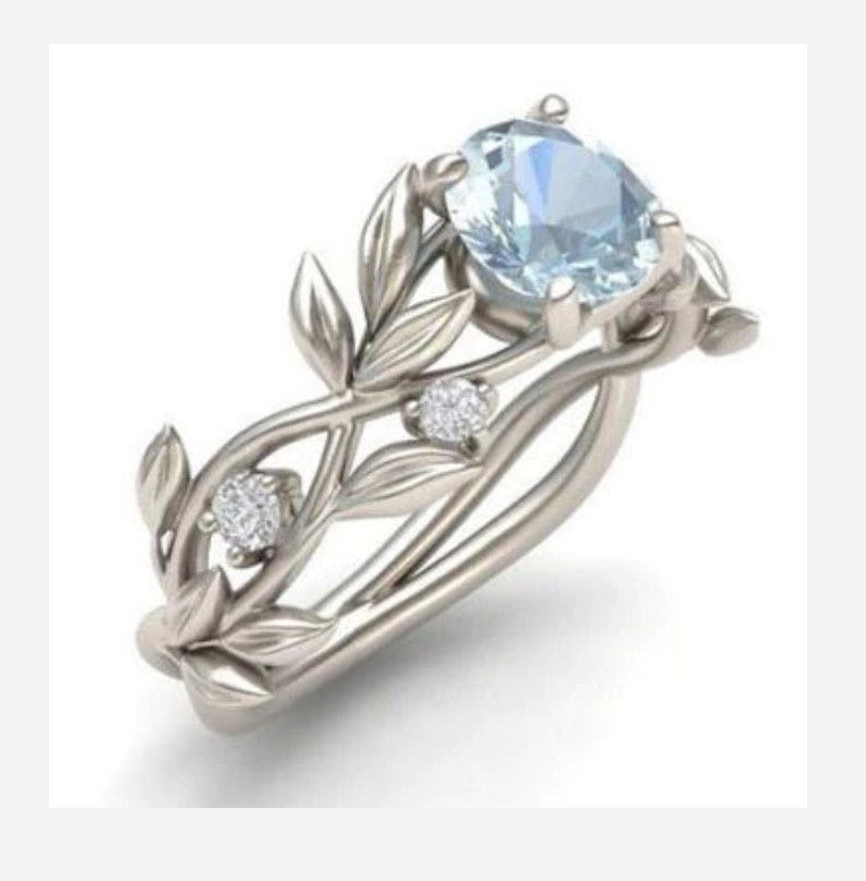 SILVER VINE AND LEAF WITH LIGHT BLUE GEMSTONE ACCENT RING SIZE 5 6 7 8 9 10 11