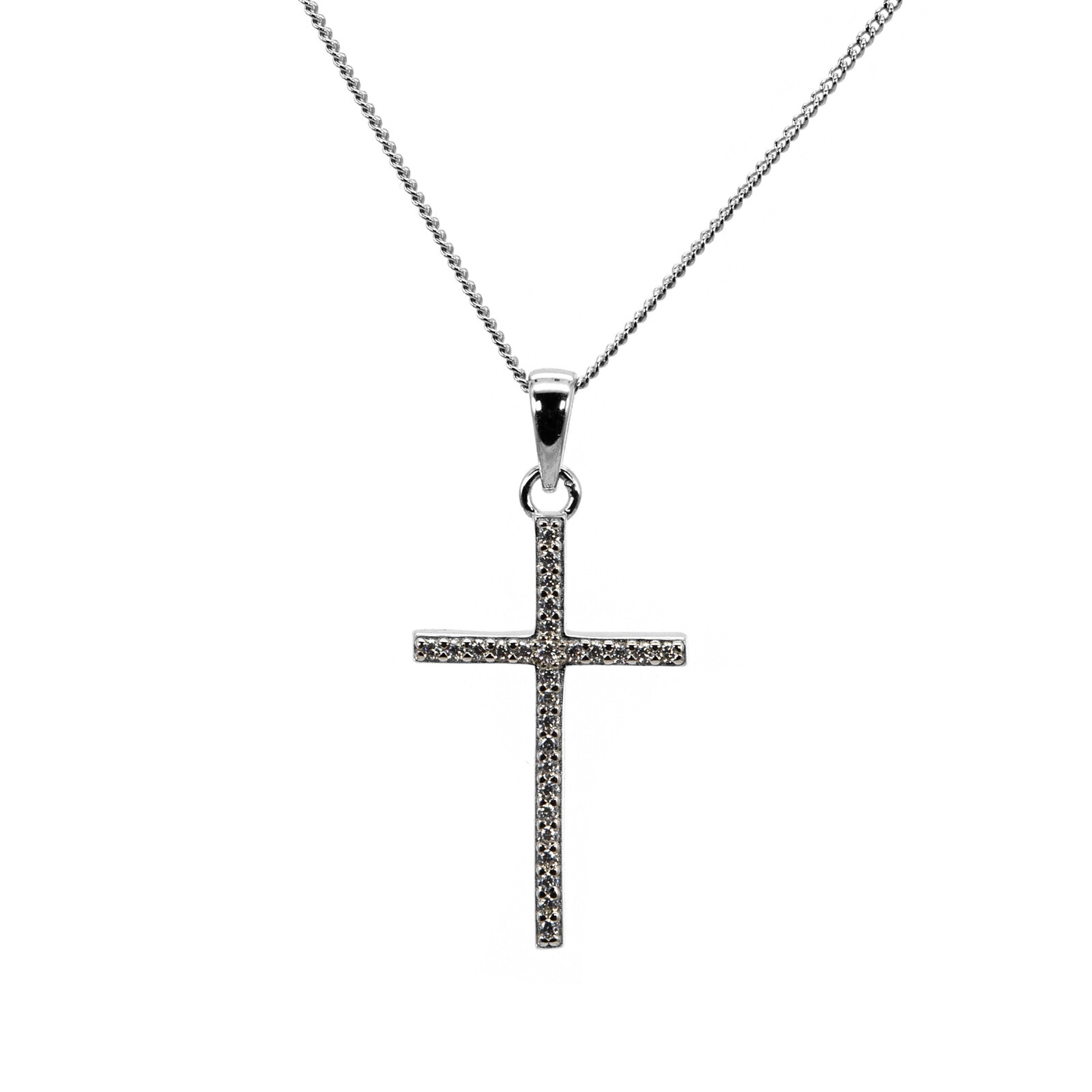 Curb Chain Cuba Necklace Pendant Cross Zircon 925 Sterling Silver Lady/Men