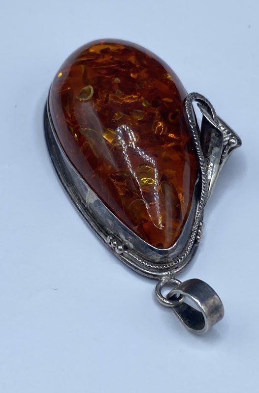 Sterling Silver 925 Cognac Amber Teardrop Pendant Floral Calla Lily 2.75″ 28.5g