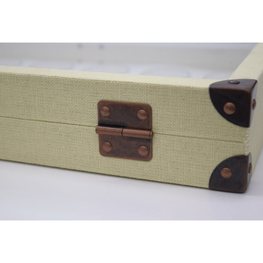 Novel Box Glass Top Linen Metal Clasp Jewelry Display Case With Gem Jar Insert