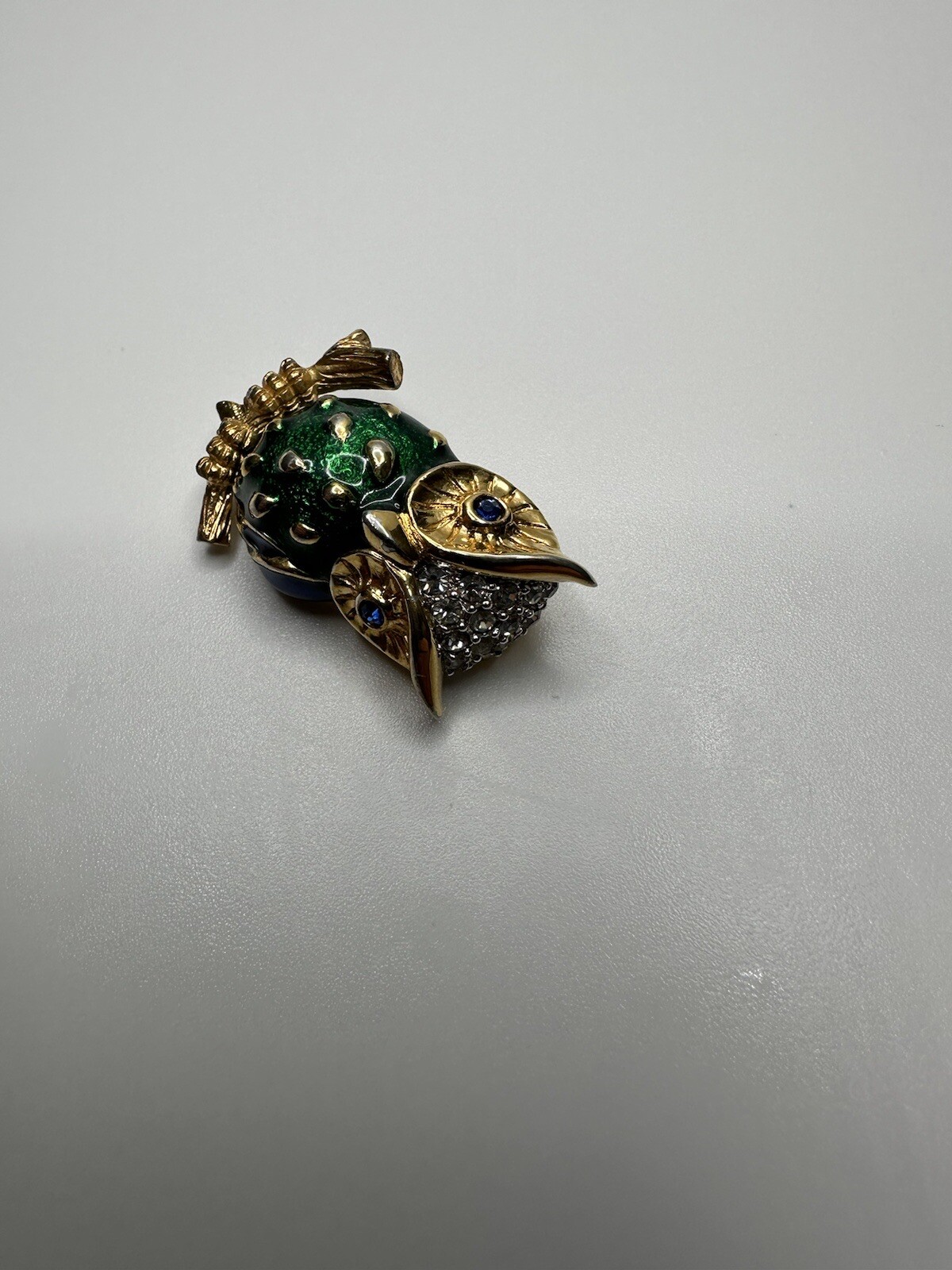 Vintage Gold Blue Green Enamel Rhinestone Owl Brooch 3.6cm JB8