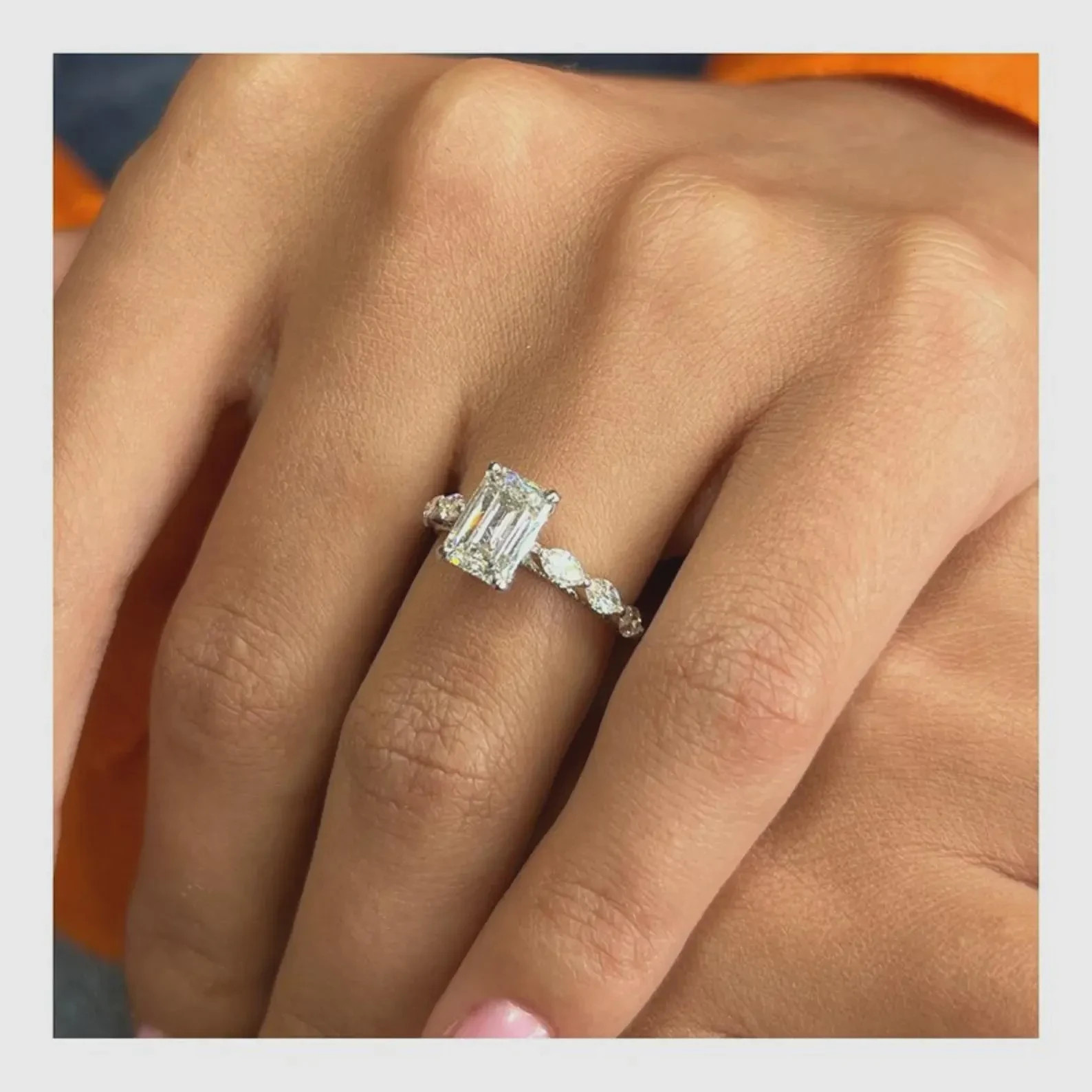 3.1CT Emerald Cut Moissanite Wedding Ring, Marquise Cut Accents Anniversary Gift