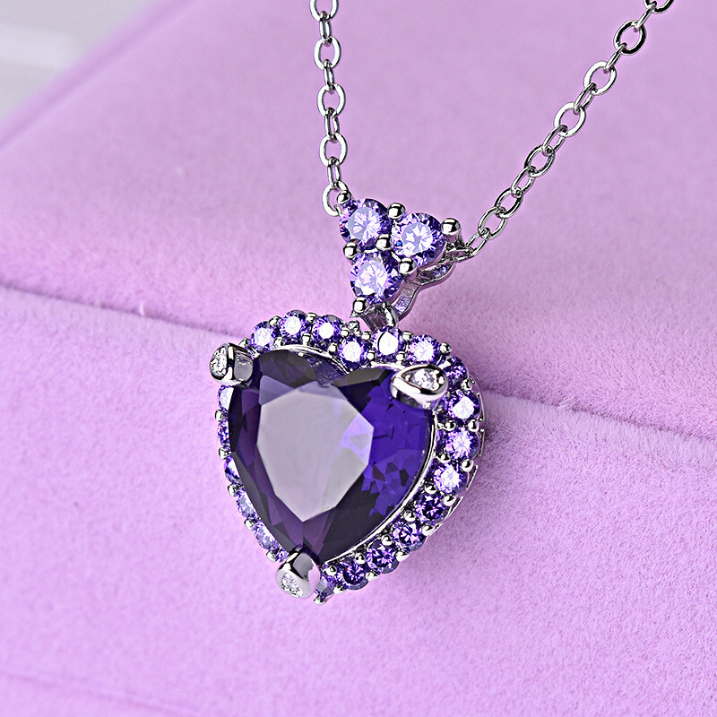 Love Heart Full of Stone Purple Amethyst Gemstone Silver Women Necklace Pendants