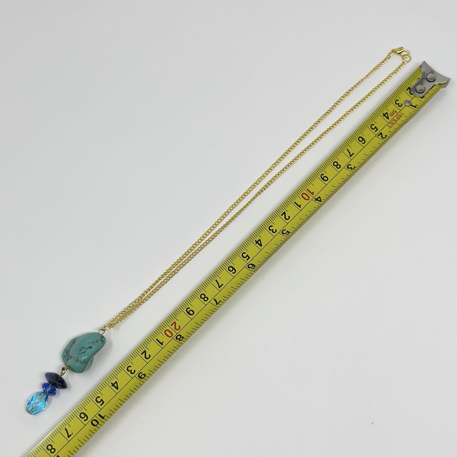 Vintage Turquoise Nuggets Blue Crystal Lapis Lazuli Pendant Gold Tone Necklace