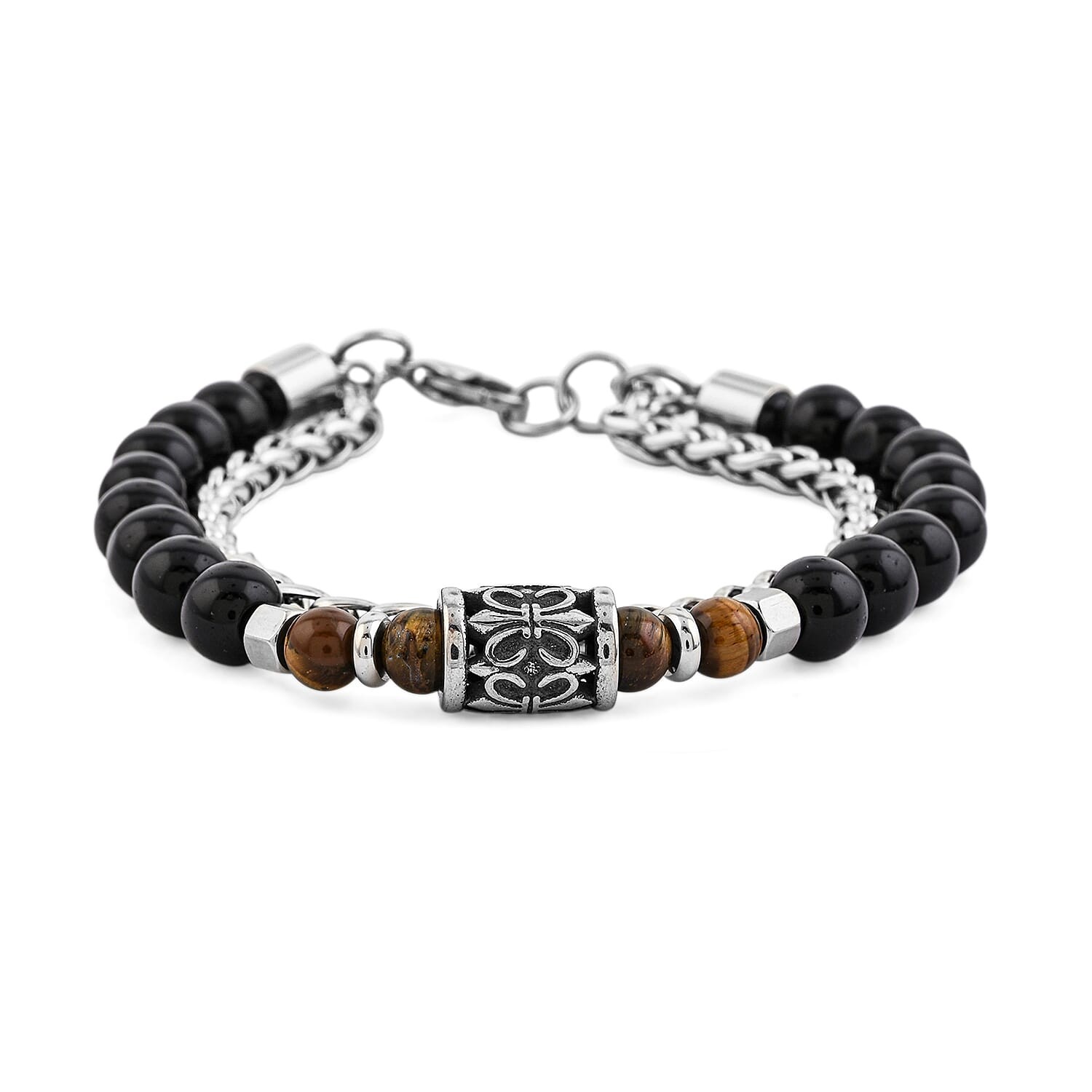 Tigers Eye and Black Onyx 32.80 ctw Beaded Bracelet in Stainless Steel 8-9In
