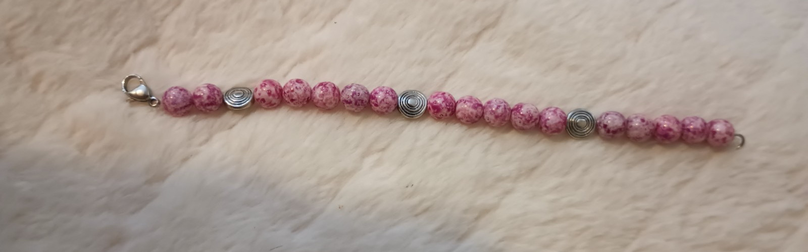 Czech Glass Pink Color Beaded Bracelet Stainless Steel Clasp Handmade 6.75inches