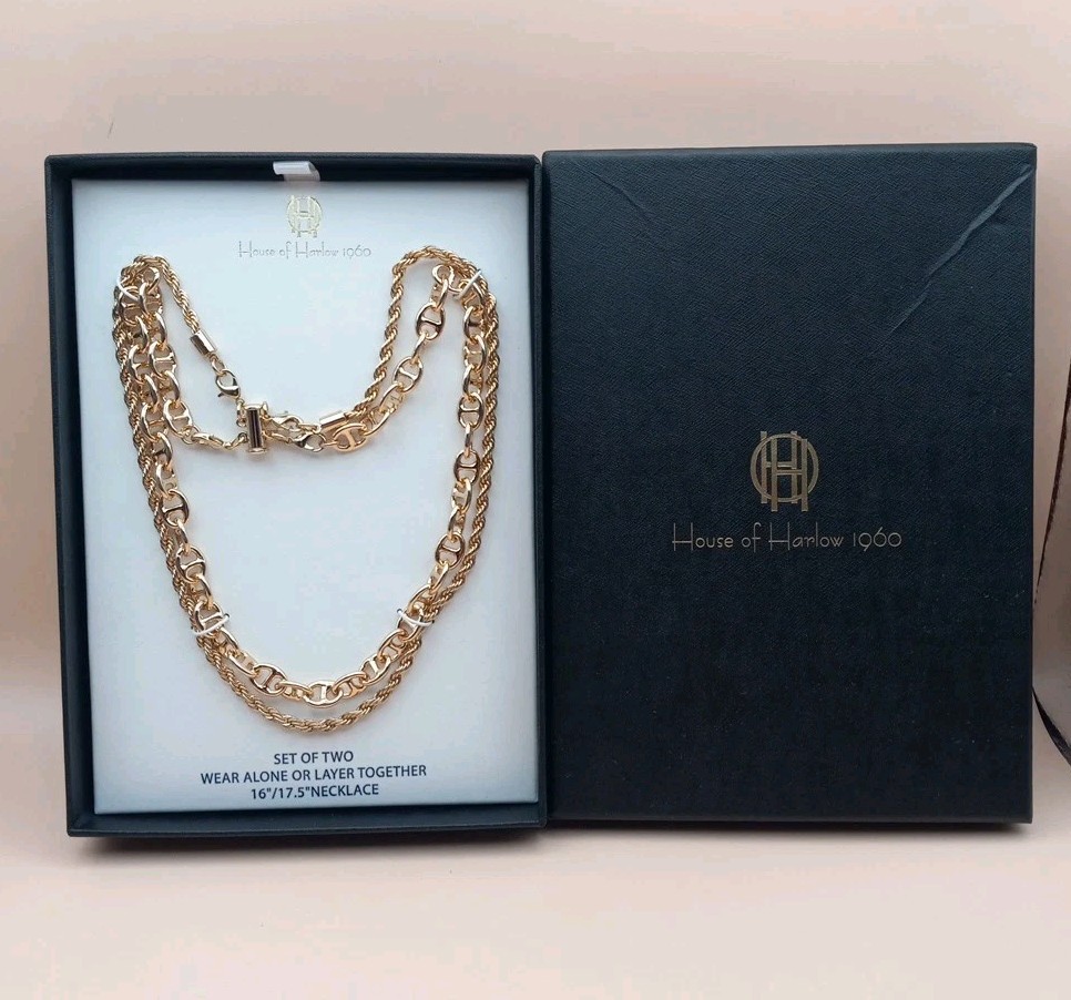 House of Harlow Double Chain Necklace Anchor Twist Rope 16/17.5” Gold Tone(new)