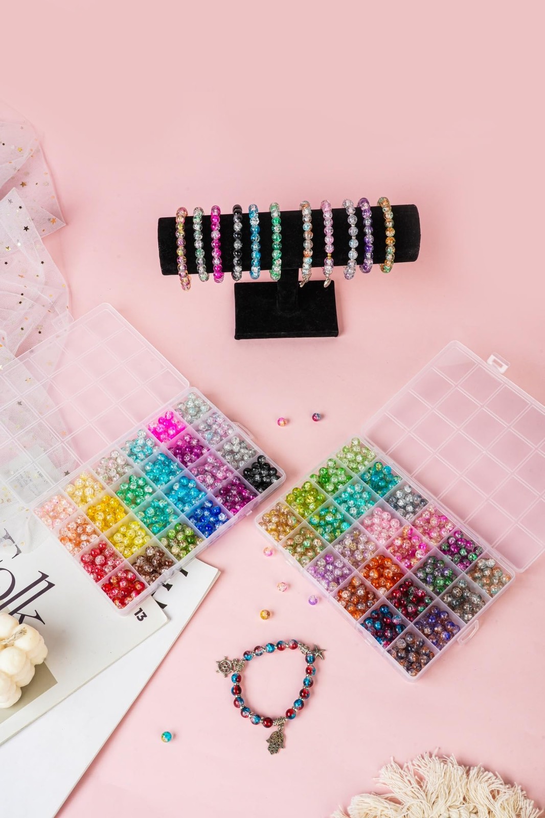 1300PCS 8mm Mixed Crackle Glass Beads for Bracelets Making Small, Style 1