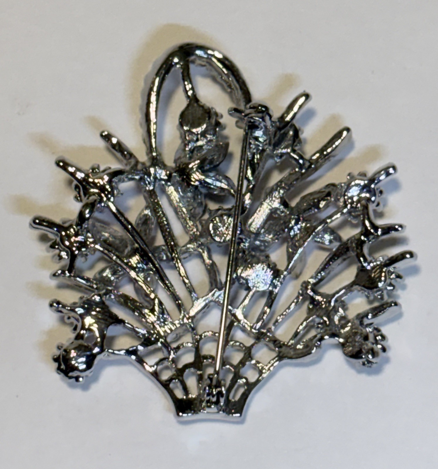 Flower Basket Pin Brooch Silver Tone Enamel Rhinestone Vintage 2” Beautiful!