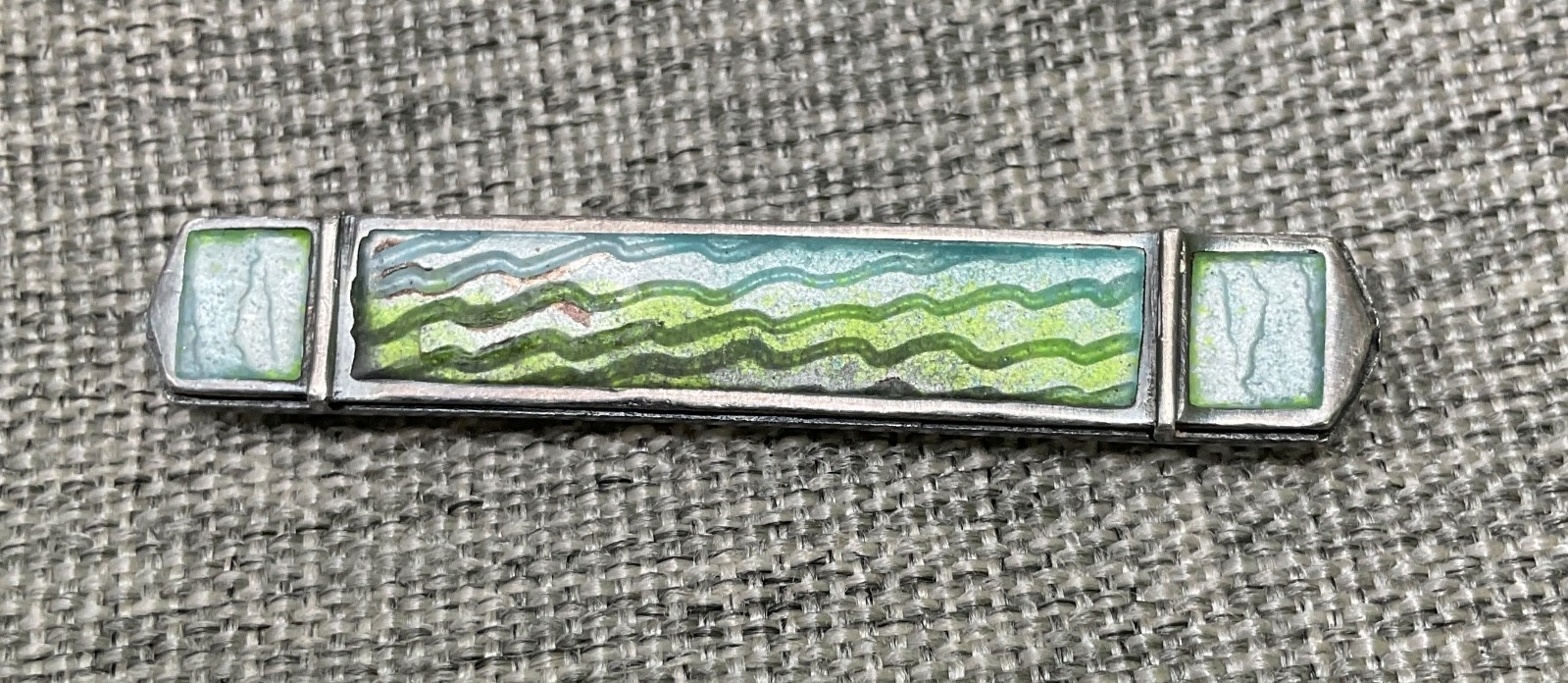 Carly Wright Sterling Silver Enamel Green Wave Landscape Bar Pin Brooch Signed