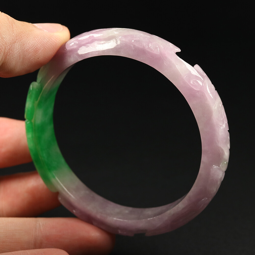 57mm Lavender Purple Green Jadeite Jade Bangle Bracelet Ruyi Bat Coin 11633