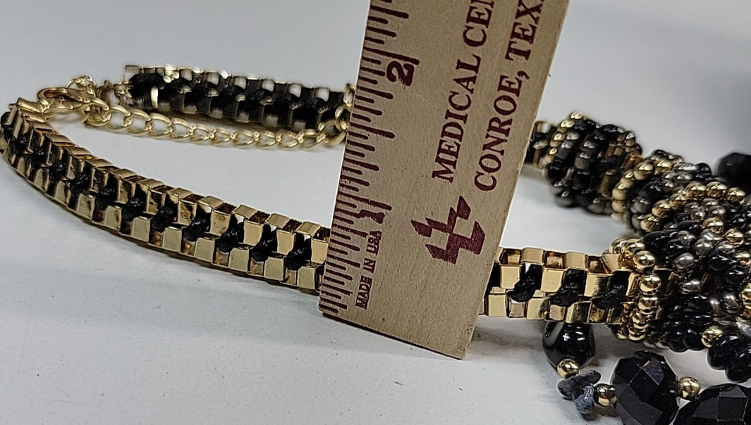 Chico’s Necklace Black Gray White Glass Fringe Bead Chunky Chain Gold Tone 20″