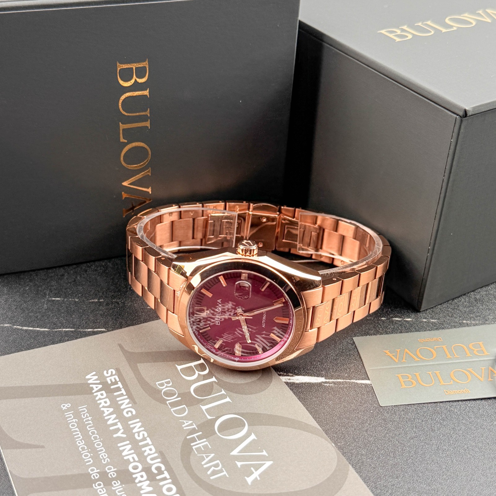 Bulova 97B234 Men’s Surveyor Automatic Red Dial Rose-Tone Steel Wrist Watch 39mm