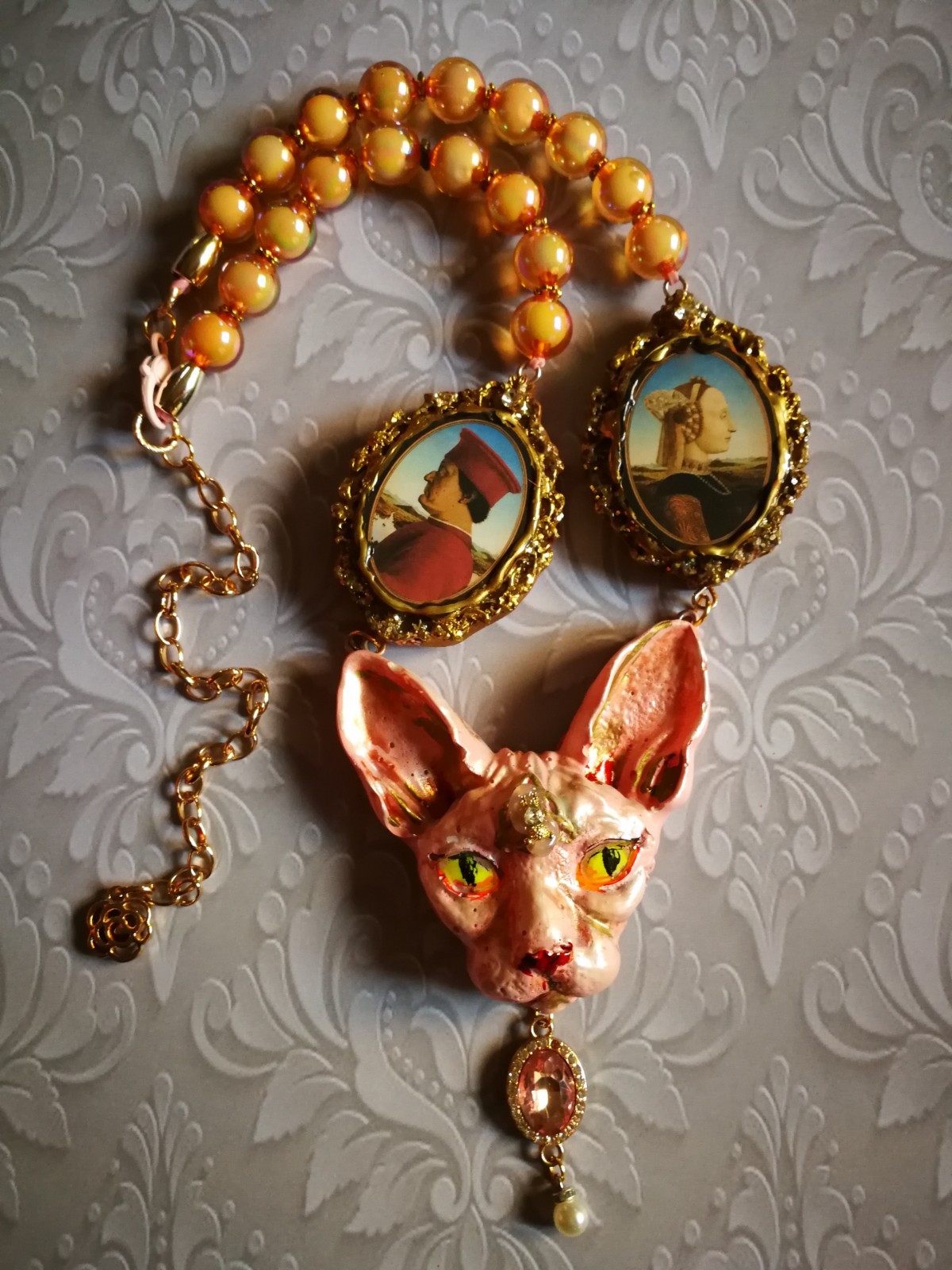 Statement Luxury Necklace Jewelry Pendant Sculpture Sphynx Cat Antique Cameo Bib