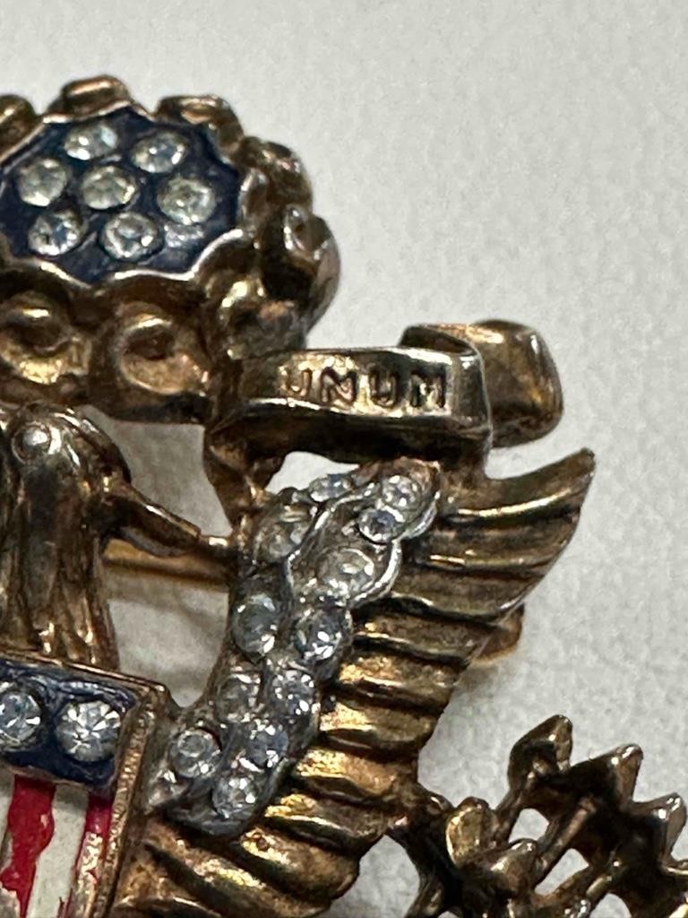 Vtg. Philippe Crown Trifari US Eagle Seal / Insignia Rhinestone Gold Tone Brooch