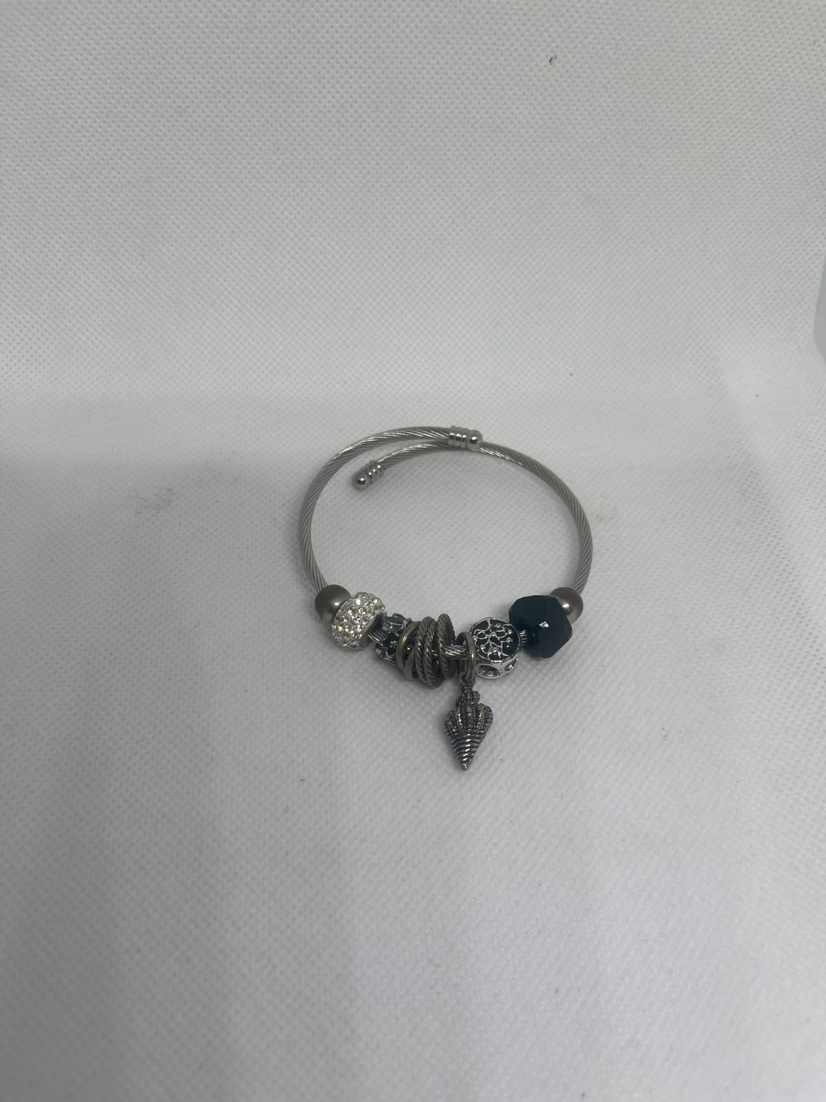 Silver Tone Charm Bracelet with Crystal Beads & Seashell Pendant Boho Style
