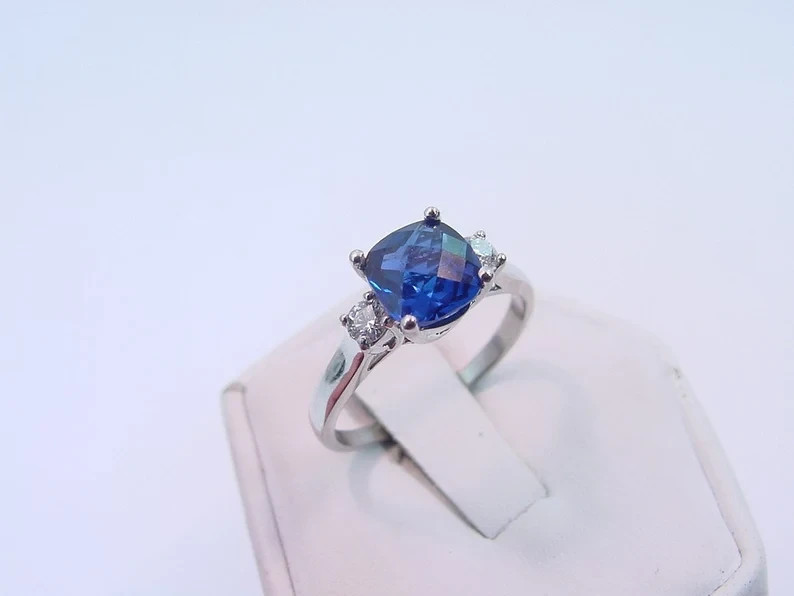 3.00 Ct Cushion Natural Sapphire & Diamond Wedding Ring 14K White Gold Size 5