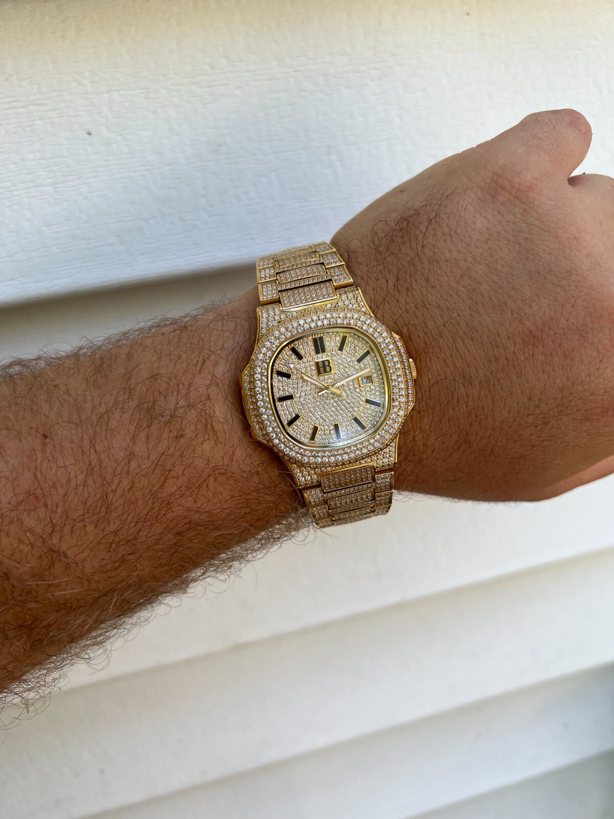 Real Mens Watch Fully Iced Gold Over Stainless Steel Bust Down Out 41mm Hip Hop