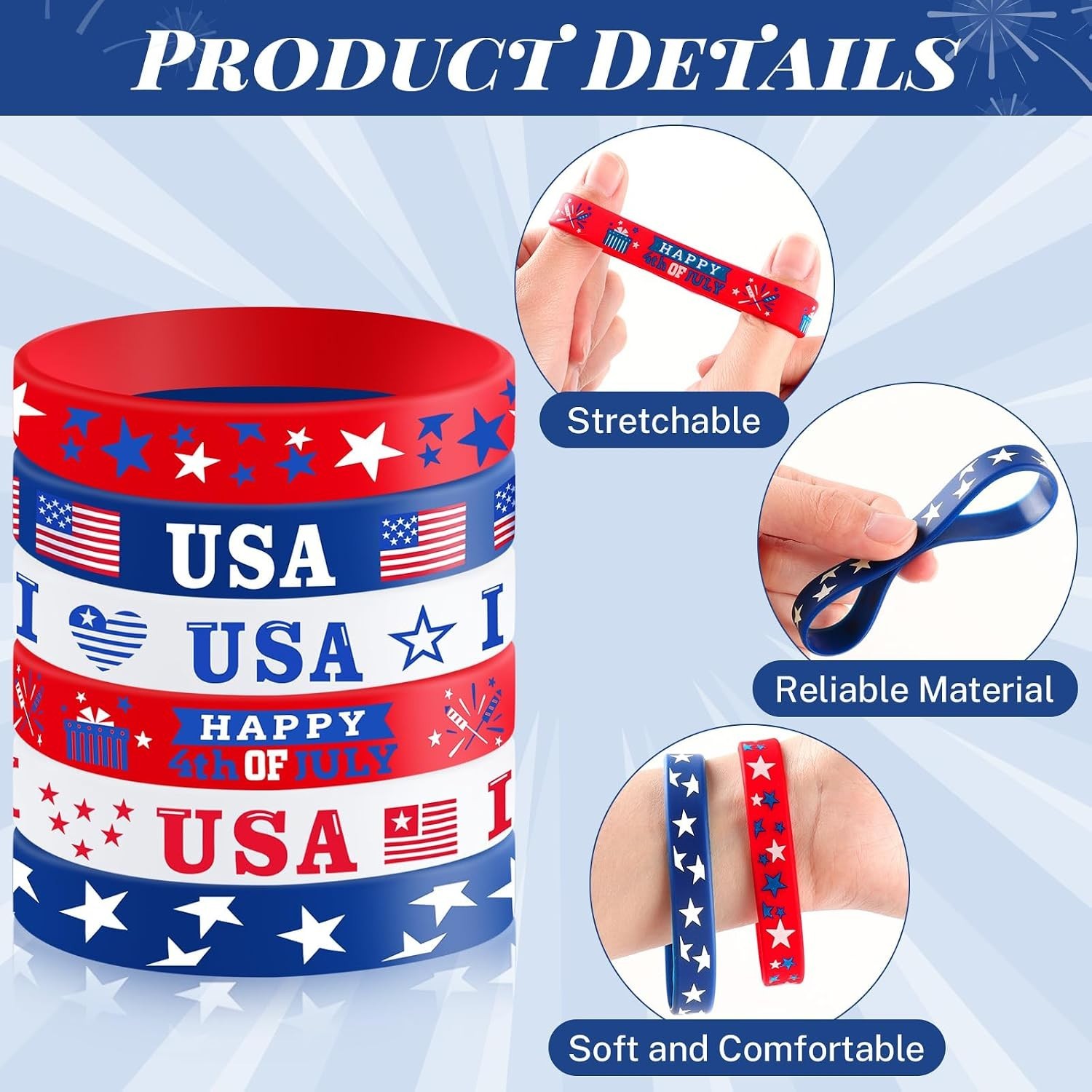 30 PCS 4Th of July Bracelets, Red White and Blue Patriotic Rubber