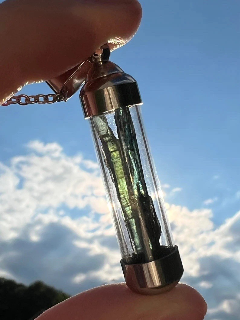 RARE Brazilian Vivianite Pendant Gemmy Blue Green Blade Vial Locket Necklace