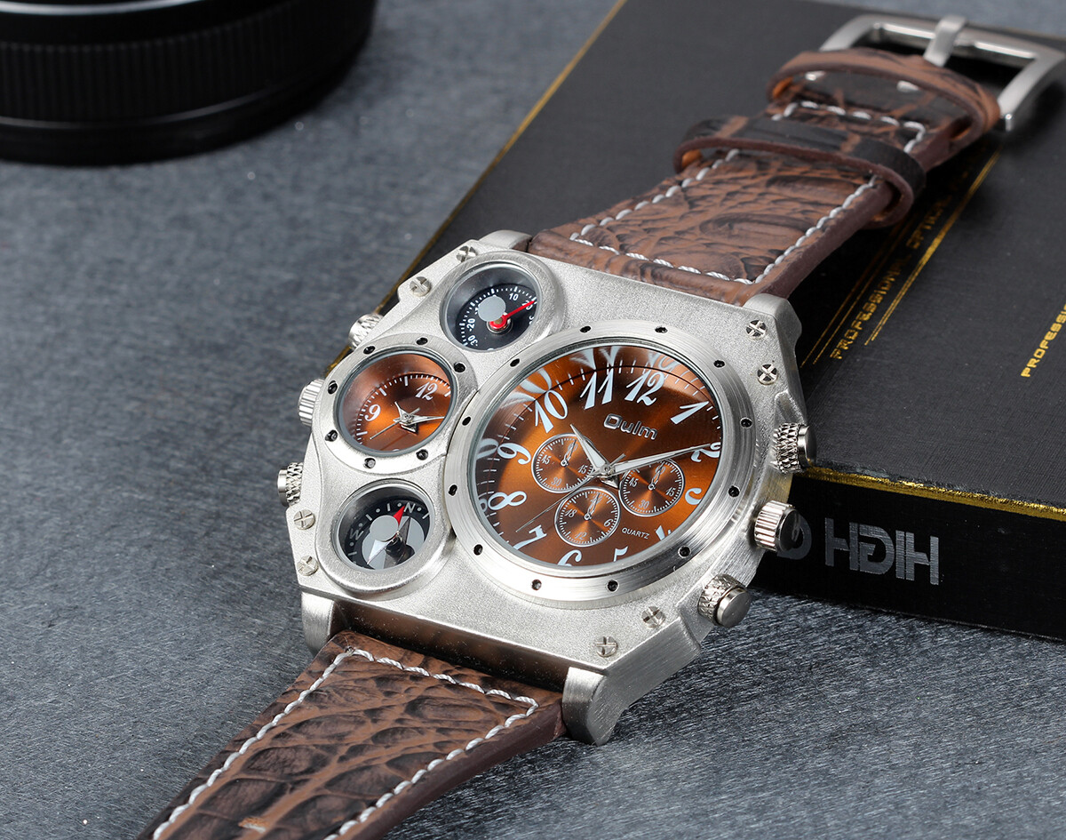 Men’s Sport Army Multi-functional 2 Time Zones Dial Leather Quartz Wrist Watch