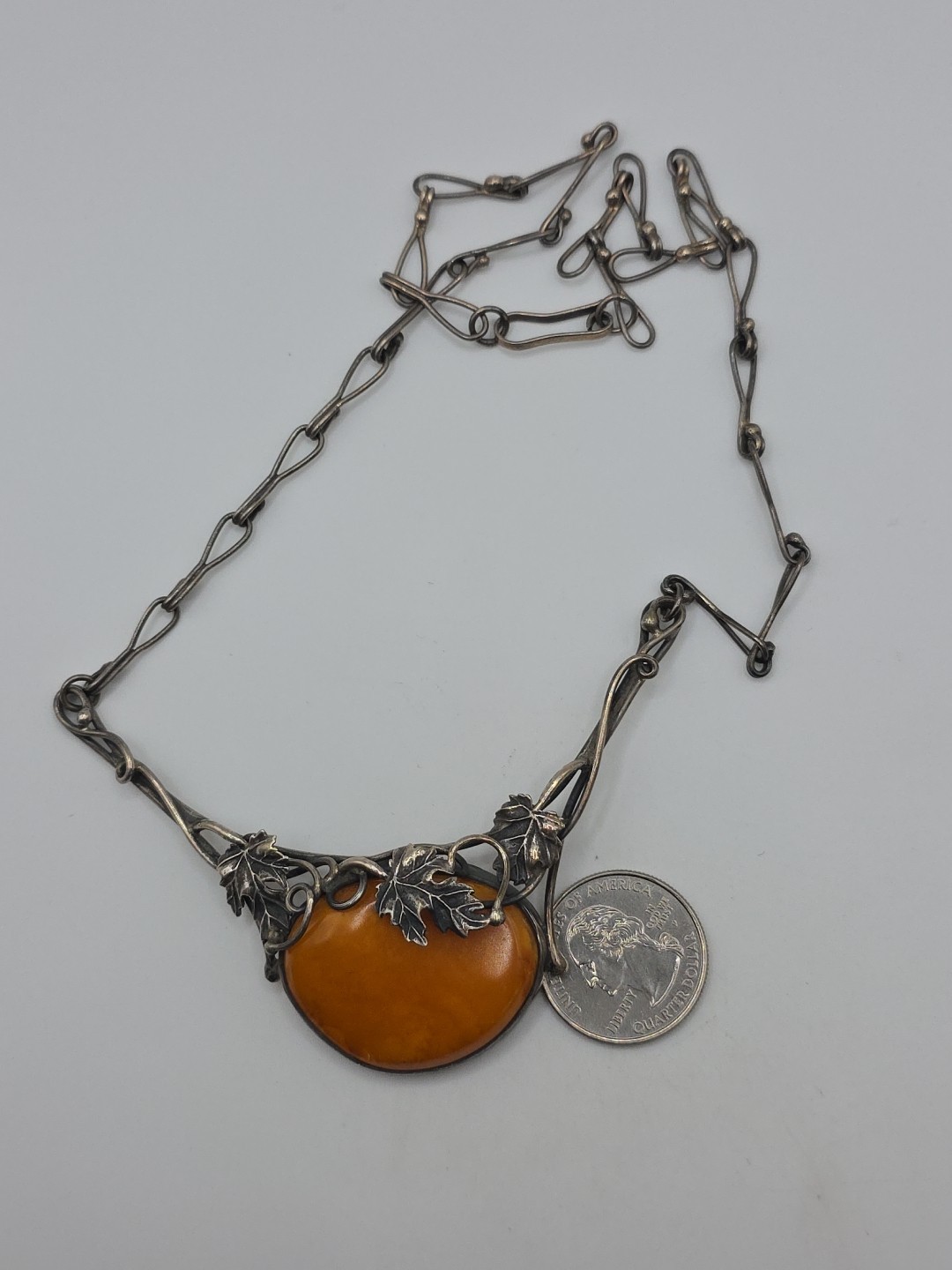 Vintage Sterling Silver 925 Orange Egg Yolk Amber Necklace 18″ 32g