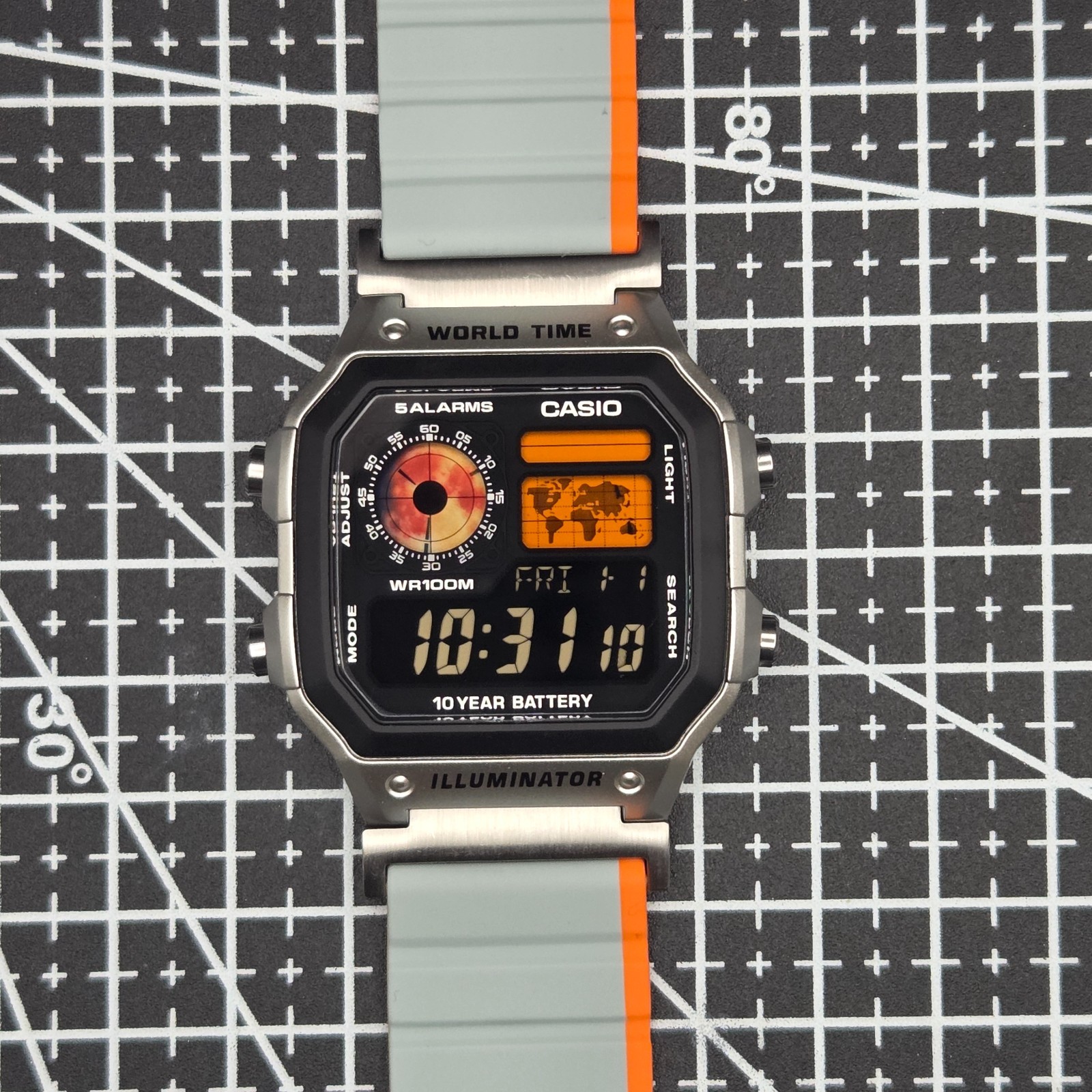 CASIO AE-1200WHD. Royale World Time Watch Mod. Blood moon, Orange, Hydromod.