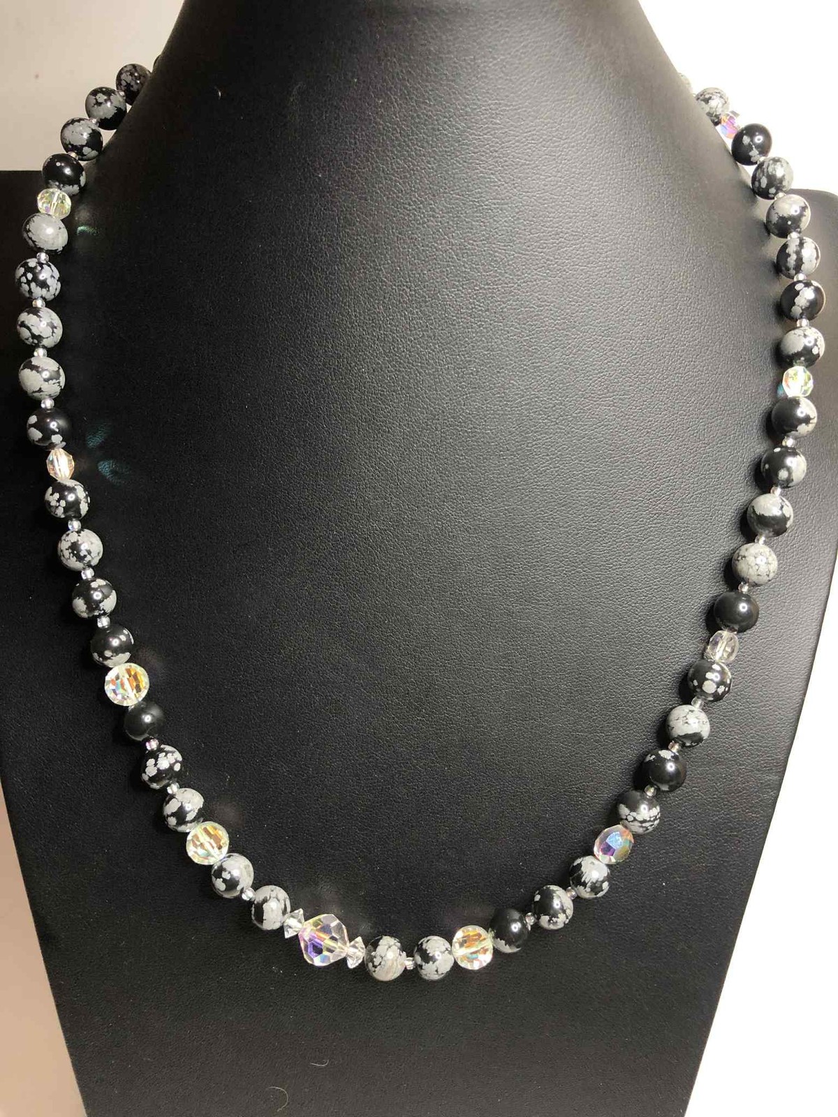 6611 Sterling 925 vintage clasp Snowflake obidian Crystal beaded Necklace 22″
