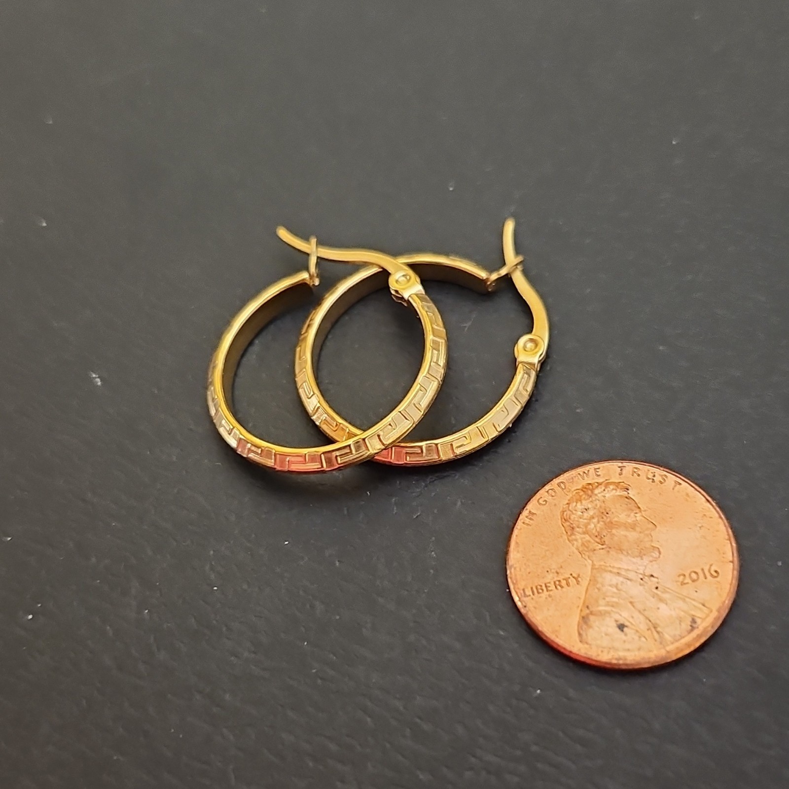 Gold-Tone Round Hoop Leverback Earrings Metal No Stone Greek Key Pattern