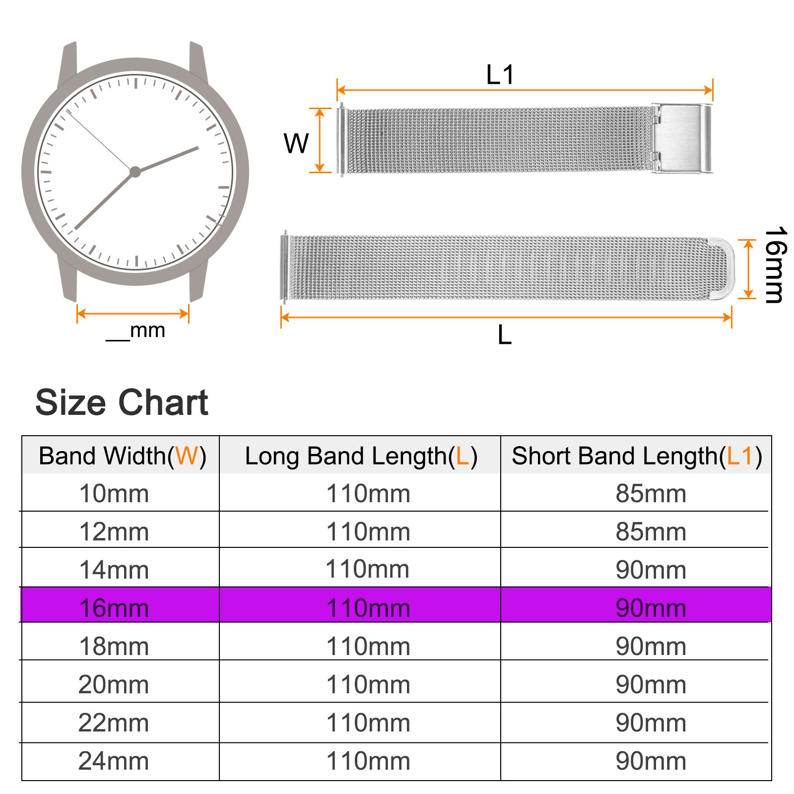 Stainless Steel Mesh Watch Band 16mm Quick Release Adjustable Strap Silver New