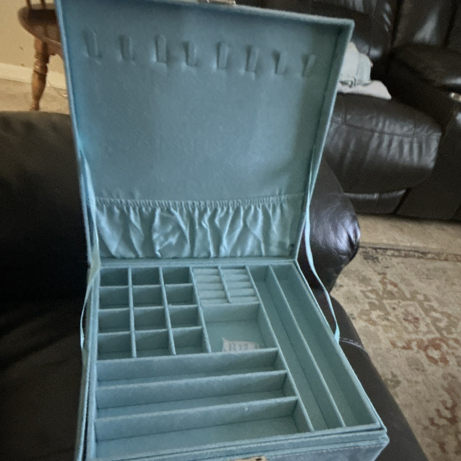 Large Turquoise Velvet Jewelry Box Organizer 2 Tier Locking with Key New