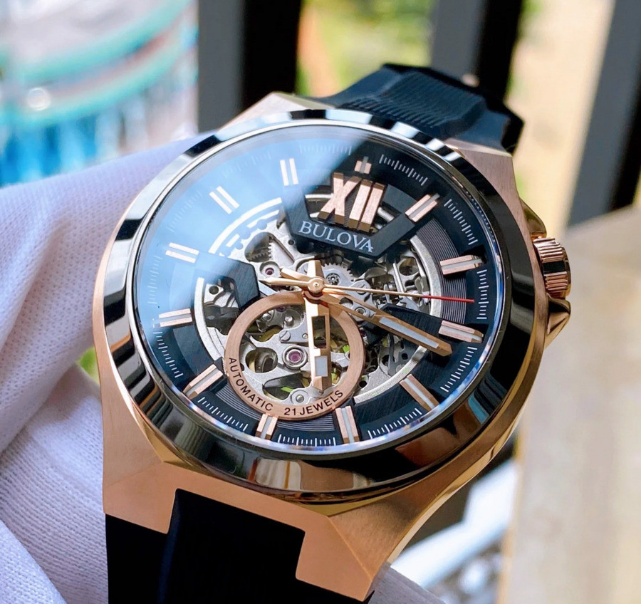 Bulova Maquina Automatic 98A177 Sapphire Rose Gold Black Dial Silicone Watch