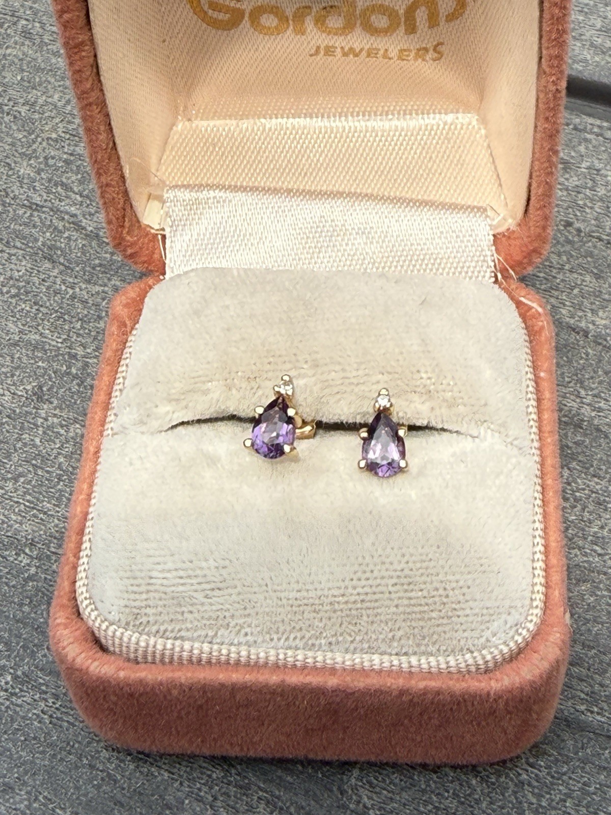 Vintage 14k Yellow Gold .50ctw Amethyst And Diamond Pear Teardrop Stud Earrings