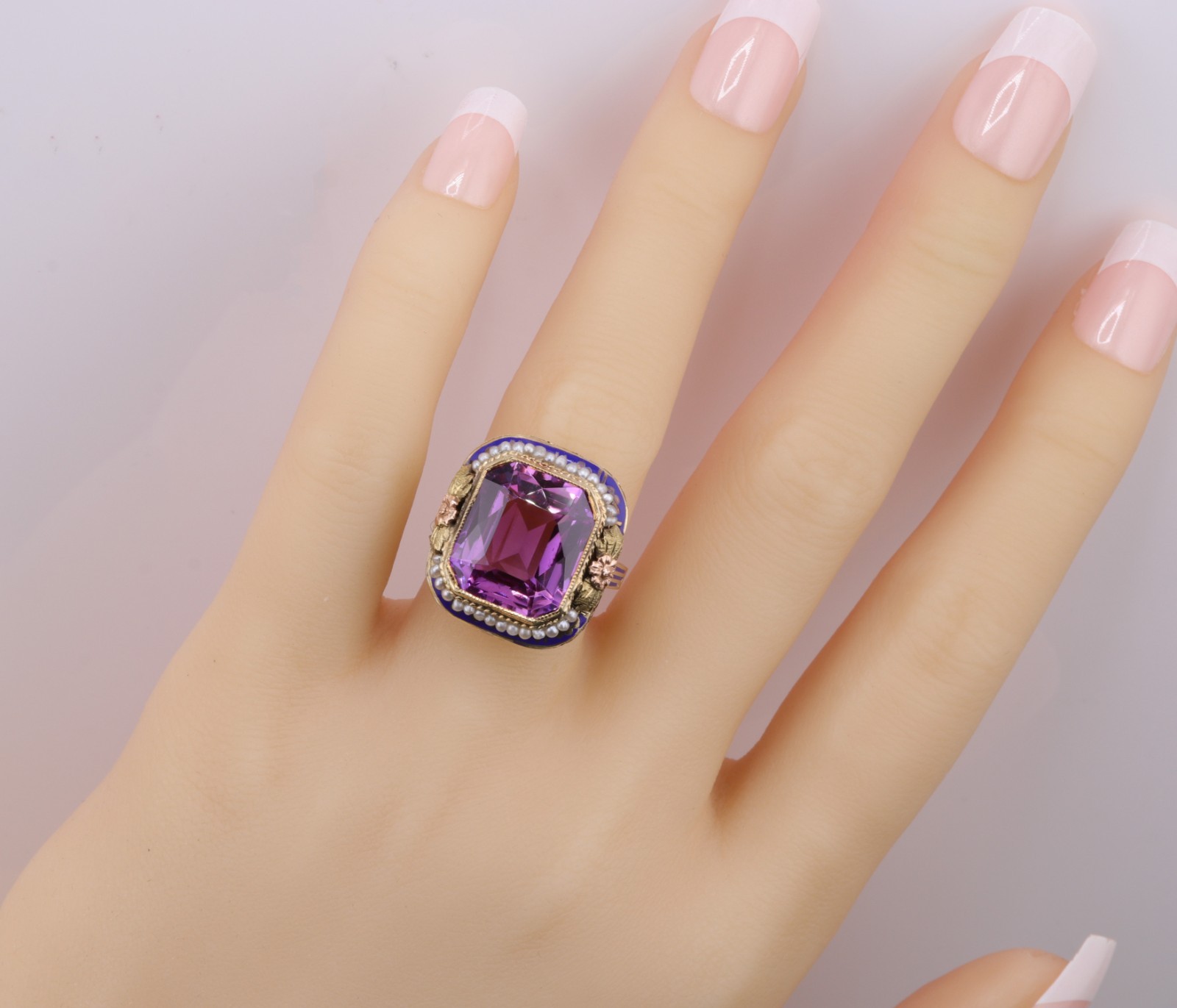 Spectacular Antique 14K Pink Sapphire and Enamel Ring 8.8 Grams Size 7-1/4