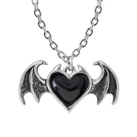ALCHEMY BLACKSOUL BIJOU PENDANT Gothic Black Heart Bat Wings + FREE VELVET POUCH