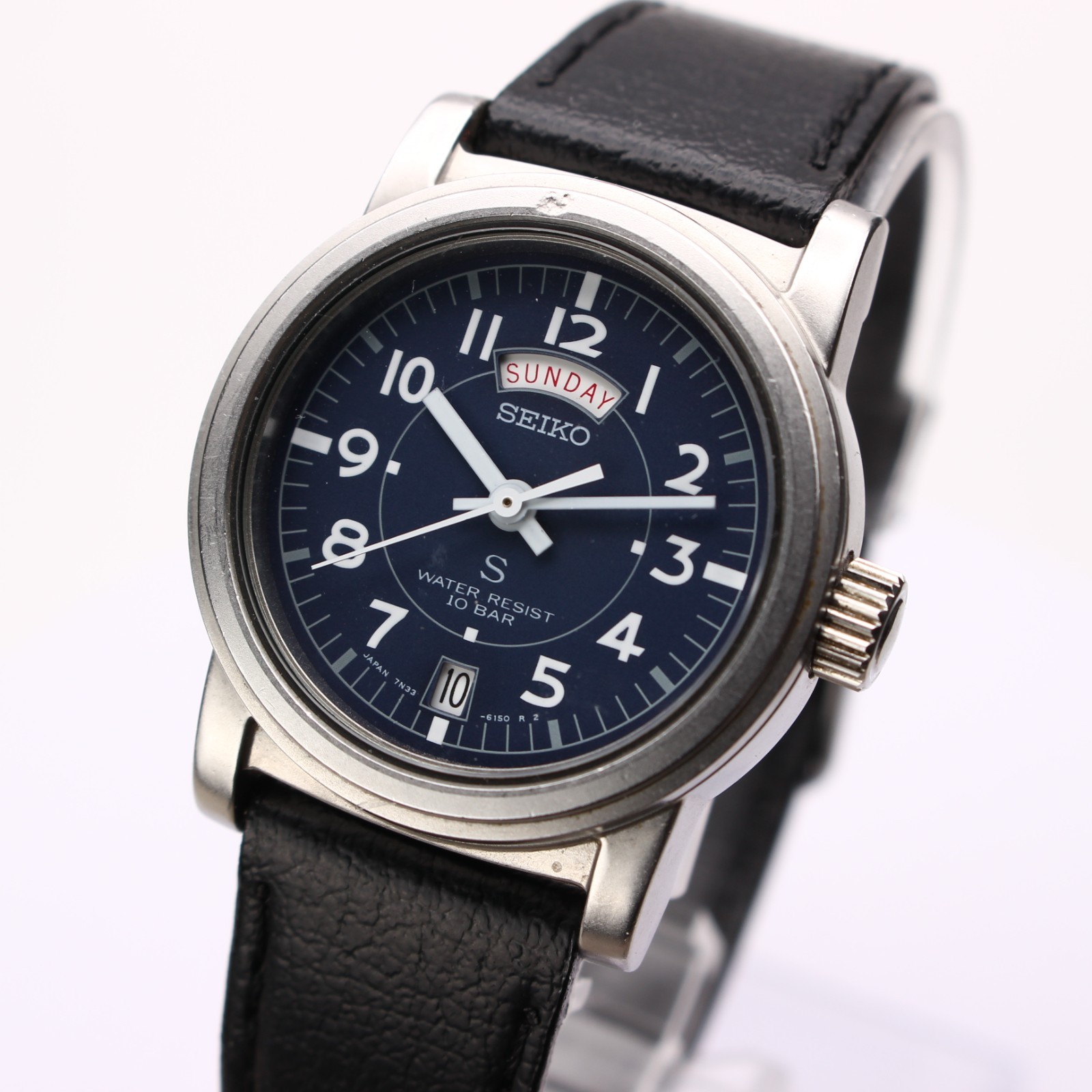 SEIKO SUS 7N33-6050 Men’s Watch Quartz Military Navy Dial 32mm 90s Vintage Japan